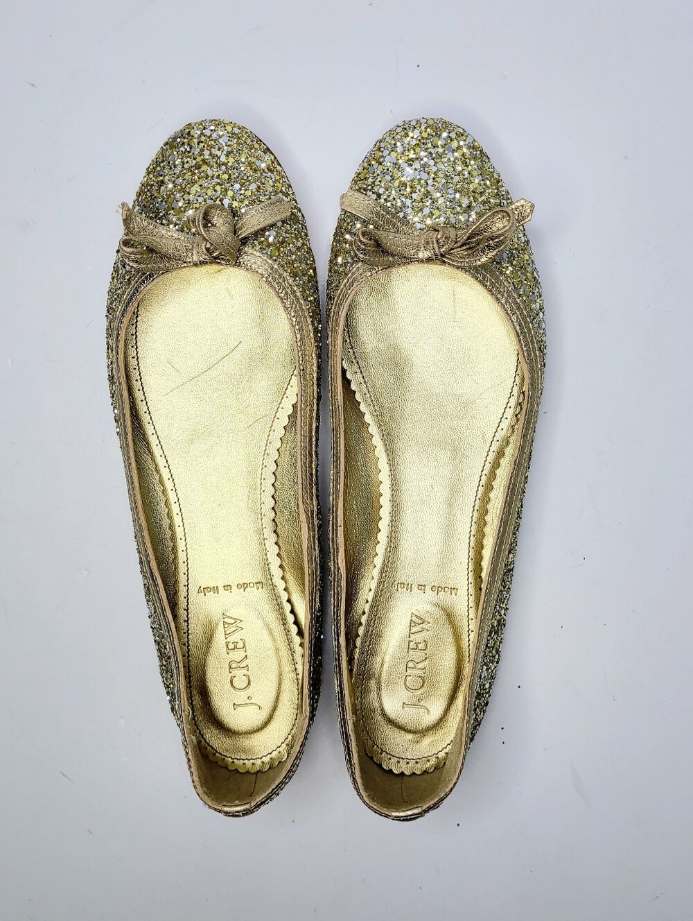 J. Crew Made In Italy Silver Gold Glitter Bow Ballet Flats